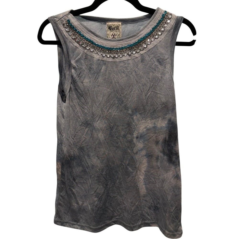 Vocal Blue Tie Dye Rhinestone Embellished Tank Top Y2K Beaded Neck Small IM2300T